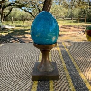 Vintage Blue Stone Egg on Brass Stand